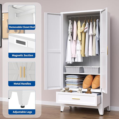 Steel Armoire Wardrobe Closet, 71" Metal Clothing Storage Cabinets with 2 Doors, 1 Drawer and 1 Adjustable Shelf, White Wardrobe Cabinet with Hanging Rod for Bedroom, Gym