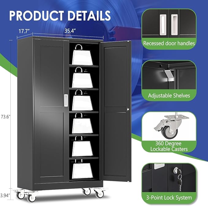 73.6" Metal Garage Storage Cabinet with Wheels and Locking Doors | Tall Rolling Steel Tool Cabinet with 5 Adjustable Shelves for Garage,Home Office(Black, 73.6''H x 35.4''W x17.7''D)