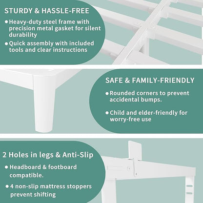 ITIMIDI 10 Inch Full White Bed Frames with Metal Gaskets,Metal Platform Bed Frame Full Size, Heavy Duty Steel Support 3500 LBS, No Box Spring Needed, Anti-Slip Mattress Stopper, Easy Assembly