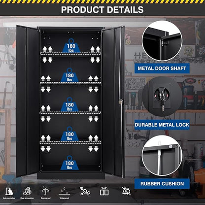 Fesbos Metal Storage Cabinet-72” Black Tall Steel File Cabinets with Lockable Doors and Adjustable Shelves-Black Steel Storage Cabinet for Kitchen, Office, Garage