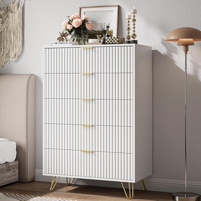 MAISONARIA 5 Drawers Dresser for Bedroom, 47" Tall Modern Chest of Drawers with Gold Handle, Fluted Wood Dresser for Bedroom, Living Room, Hallway, Entryway, White