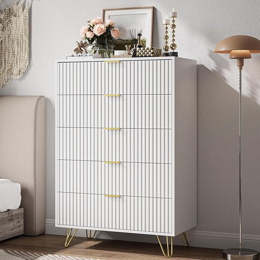 MAISONARIA 5 Drawers Dresser for Bedroom, 47" Tall Modern Chest of Drawers with Gold Handle, Fluted Wood Dresser for Bedroom, Living Room, Hallway, Entryway, White