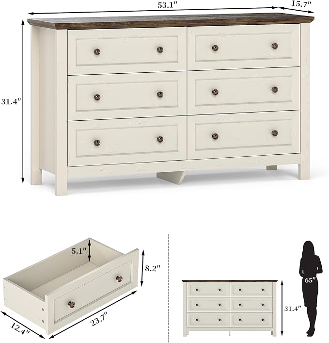 Farmhouse Dresser Nightstand Sets, 2-Piece Bedroom Furniture Set for Home | 5 Drawer Tall Dresser & 6 Dresser Closet , Chest of Drawers for Bedroom, Living Room, Entryway, Antique White