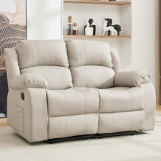 Reclining Loveseat Sofa Leather Recliner Couch 2 Seater Sofa for Living Room, Home Theater Seating(Loveseat,Beige)