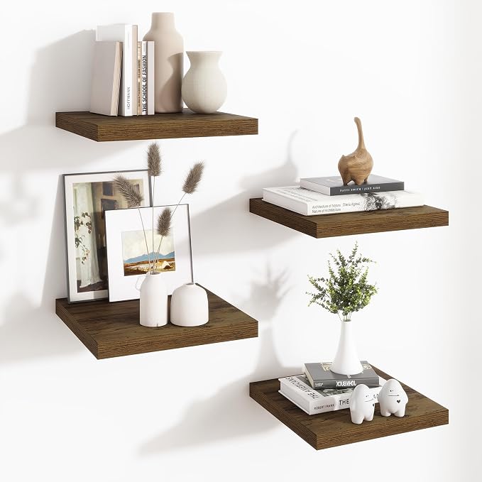 Fun Memories Square Floating Shelves for Wall - 12 Inch Deep Floating Shelves with Invisible Brackets, Brown Small Wall Shelf for Living Room, Bathroom, Bedroom, and Kitchen Decor Set of 4