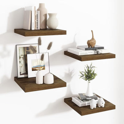 Fun Memories Square Floating Shelves for Wall - 12 Inch Deep Floating Shelves with Invisible Brackets, Brown Small Wall Shelf for Living Room, Bathroom, Bedroom, and Kitchen Decor Set of 4