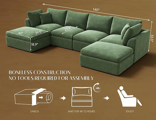 ohllob 140" U Shaped Couch, Cloud Sectional Couches for Living Room, Boneless Couch with Ottoman, Oversized 4 Seater Modular Sectional Sofa, Green