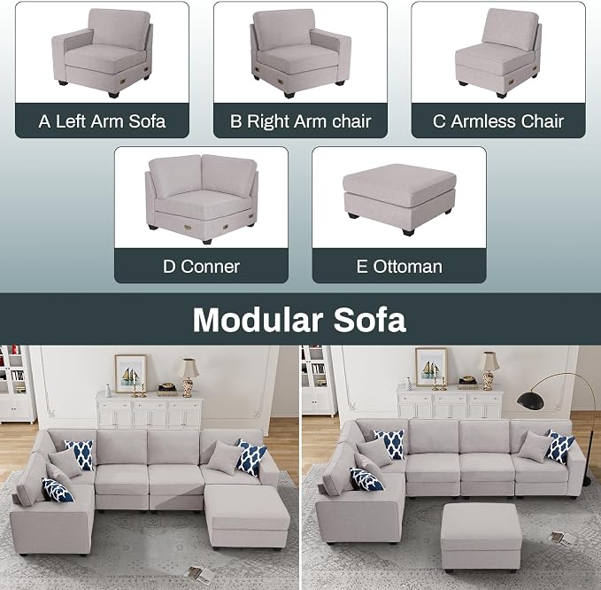Legend Vansen Oversized Modular Sectional Sofa,U/L‑Shaped Reversible Couch with Ottoman,Deep Seat Plush Polyester Sofa for Living Room,6‑Seater,Light Grey