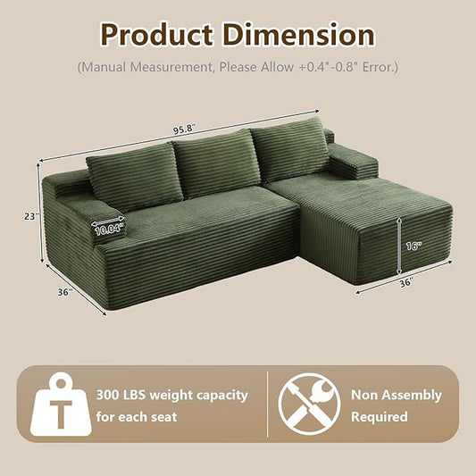 96.1" Modular Sectional Sofa Couches L-Shape Couch 3 Seat Modular Sofa Corduroy Memory Foam Sectional Boneless Couches for Living Room, Cloud Couch with Oversized Chaise(Green, Right Facing)