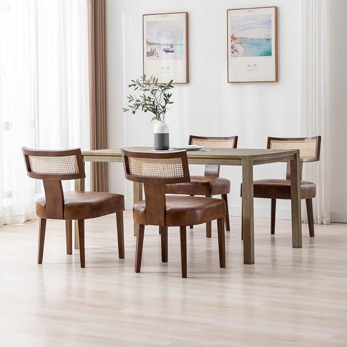 RIVOVA Mid Century Modern Dining Chairs Set of 6 Rattan Kitchen Chairs PU Leather Upholstered Side Chairs, Modern Kitchen Armless Solid Wood Dining Chairs, Brown
