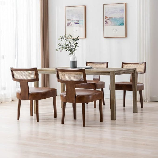 RIVOVA Mid Century Modern Dining Chairs Set of 6 Rattan Kitchen Chairs PU Leather Upholstered Side Chairs, Modern Kitchen Armless Solid Wood Dining Chairs, Brown