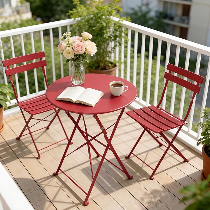Grand patio 3-Piece Folding Bistro Set, 2 Chairs and 1 Table, Weather-Resistant Outdoor/Indoor Conversation Set for Patio, Yard, Garden -Dark Red