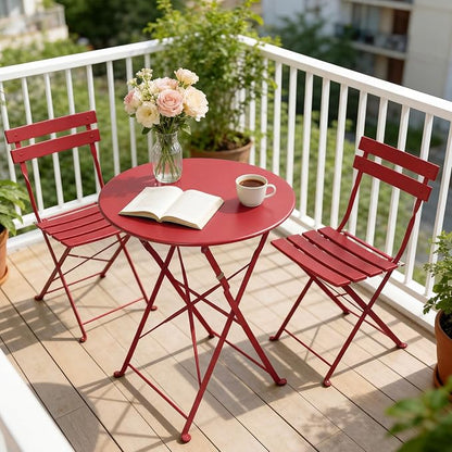 Grand patio 3-Piece Folding Bistro Set, 2 Chairs and 1 Table, Weather-Resistant Outdoor/Indoor Conversation Set for Patio, Yard, Garden -Dark Red