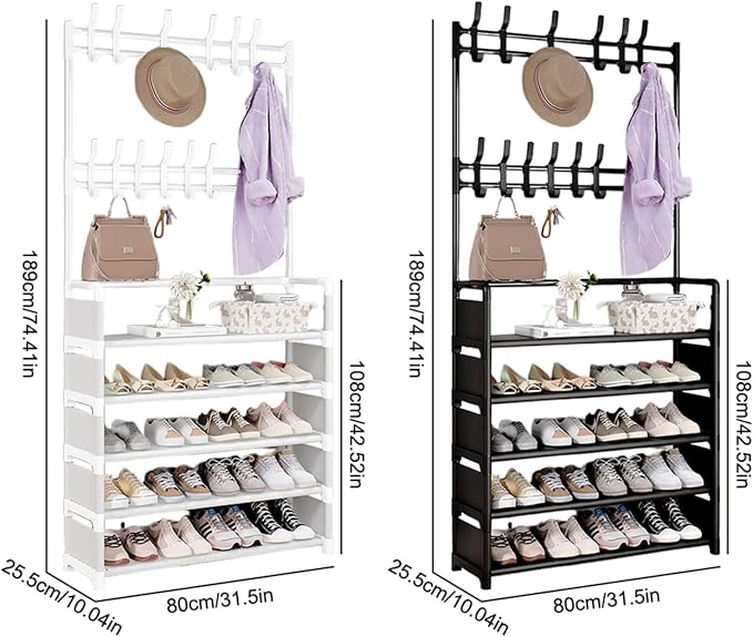 ikaufen 5-Tier Entryway Coat Rack Shoe Shelf, 2-in-1 Hall Tree with 8 Hooks, Thickened Plastic Storage Organizer for Shoes, Bags, Hats (Black/White) (Black 80cm +8 Hooks+12 Bag)