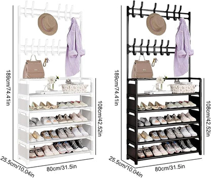 ikaufen 5-Tier Entryway Coat Rack Shoe Shelf, 2-in-1 Hall Tree with 8 Hooks, Thickened Plastic Storage Organizer for Shoes, Bags, Hats (Black/White) (Black 80cm +8 Hooks+12 Bag)