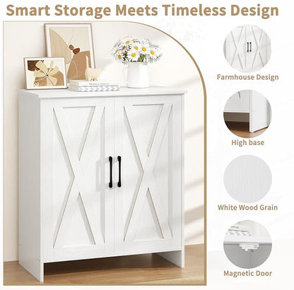 Farmhouse Shoe Storage Cabinet, 5-Tier Wooden Shoe Cabinet Organizer with 2 Barn Doors & 3 Adjustable Shelves, Shoe Cabinet for Entryway, Hallway, White
