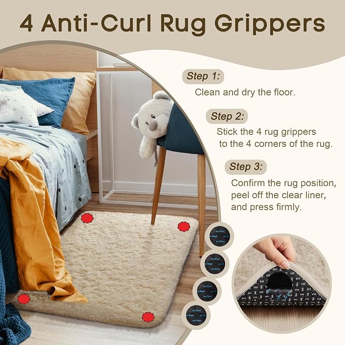 Ophanie Small Rug Washable Non Slip Throw Bedside Area Rugs, Fluffy Soft Beige Mini Bedroom Carpet, Affordable Door Entryway Indoor Inside Front Entrance Dog 2x3 Mat, Home Decor Aesthetic, Nursery