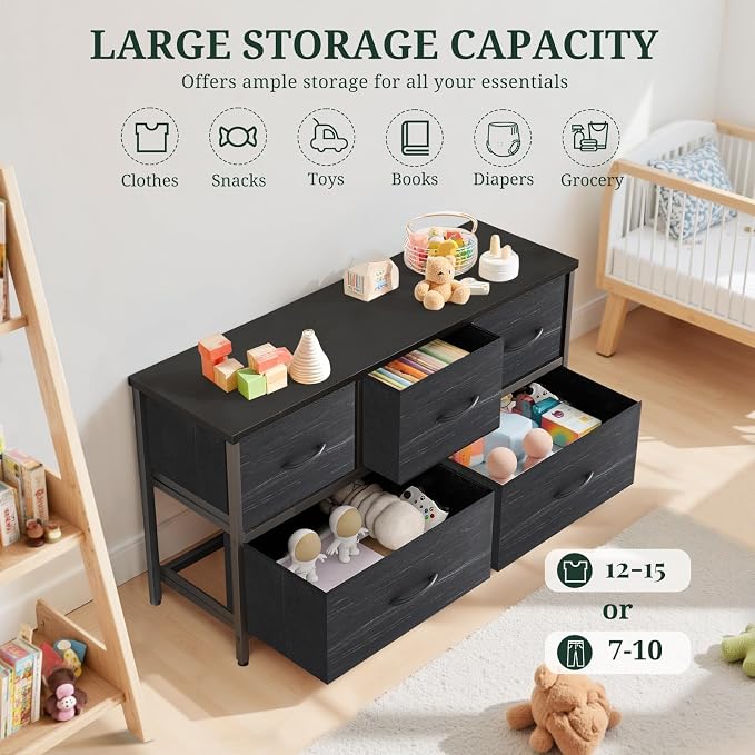 5-Drawer Dresser for Bedroom, Anti-Tip Wide Storage Organizer Fabric Chest of Drawers TV Stand for 45" TV with Wooden Top and Metal Frame for Closet, Living Room, Hallway, Entryway, Charcoal Black