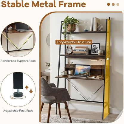 Tangkula 3-Tier Ladder Computer Desk, 71 Inch Modern Writing Desk with Storage Shelves, PC Laptop Workstation, Ladder Bookcase Stand Shelf with Metal Frame, Study Shelf Desk for Home Office (Brown)