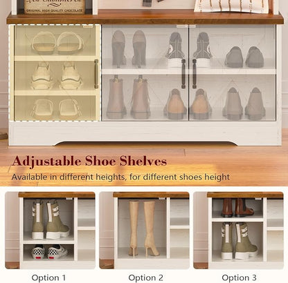 CSZZD Hall Tree with Bench and Shoe Storage, Farmhouse Entryway Bench with Coat Racks and Led Lights, Tall Hall Tree with 7 Coat Hooks, 6 Storage Cubbies, Adjustable Shelf