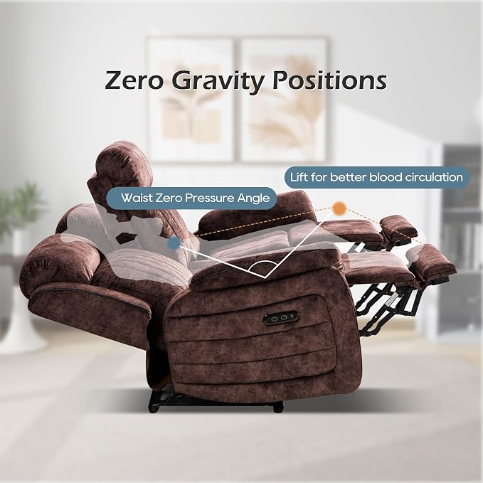Zero Gravity Power Reclining Sofa with Adjustable Headrest, Electric Reclining Couch with Wireless Charge, USB Ports, Power Loveseat Recliner Sofa for Living Room(Brown-Sofa)