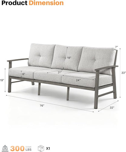 3 Seats Patio Furniture Sofa, Outdoor Aluminum Couch with 5.9'' Soft Cushion, 3-Seater All-Weather Outdoor Patio Furniture Sofa Couch for Balcony, Poolside, Lawn, Limed Oak