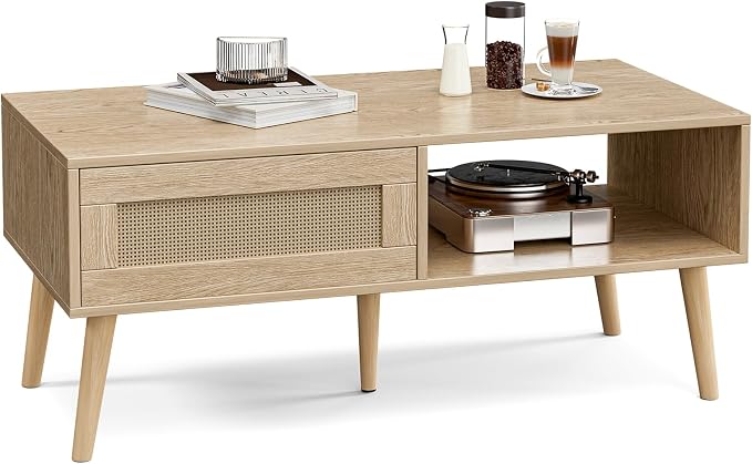 ZttRiee Rattan Coffee Table with Sliding Doors, Mid-Century, Natural | 39.4"L x 19.7"W x 16.5"H, 220 lbs capacity, 2 compartments, solid wood legs, ~30 min assembly