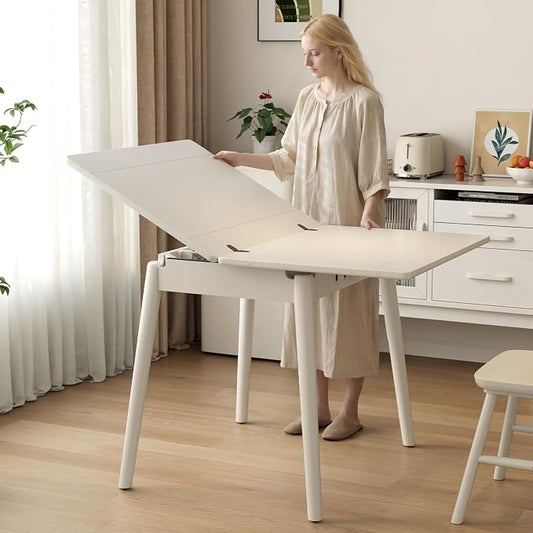 Solid Wood Small Dining Table for 2-6, 23.6"L-47.2"L Expandable Kitchen Table, Designed for Small Spaces, Easy Assembly, Suitable for Kitchen, Dining Room, Living Room, Apartment (White)