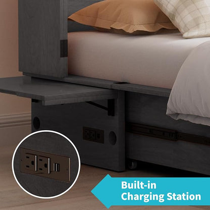CECER Slate Grey Murphy Bed Cabinet with Mattress, Space-Saving Folding Bed