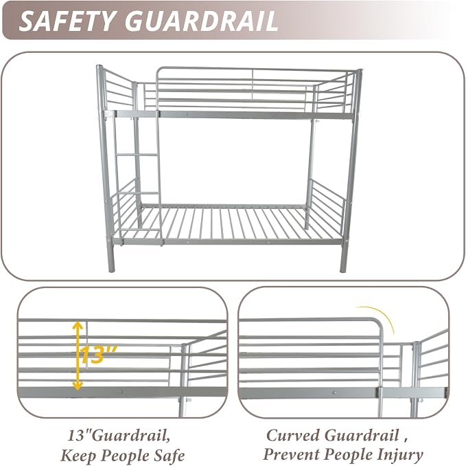 Karl home Metal Bunk Bed Twin Over Twin with Built-in Ladder, Grey | Heavy Duty Bunkbeds with Safety Guardrail and Space-Saving Design,Twin Bunk Beds for Kids, Teens & Adults, No Box Spring