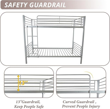 Karl home Metal Bunk Bed Twin Over Twin with Built-in Ladder, Grey | Heavy Duty Bunkbeds with Safety Guardrail and Space-Saving Design,Twin Bunk Beds for Kids, Teens & Adults, No Box Spring