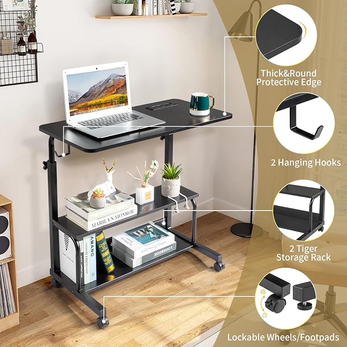 Mobile Laptop Desk with Power Outlets, Height Adjustable TV Tray Table with Storage Shelf, Rolling Computer Table with USB Ports (Black)