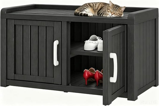 Outdoor Shoe Storage Bench with 2 Doors, Waterproof UV-Resistant Resin Cabinet, Entryway Organizer for Porch, Hallway, Black
