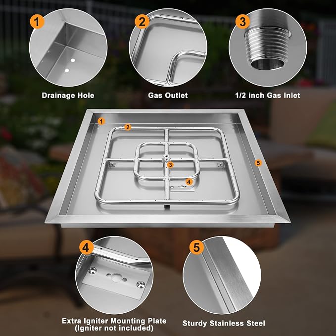 onlyfire Stainless Steel Square Fire Pit Flat Pan with Burner Ring Assembly, 24-Inch