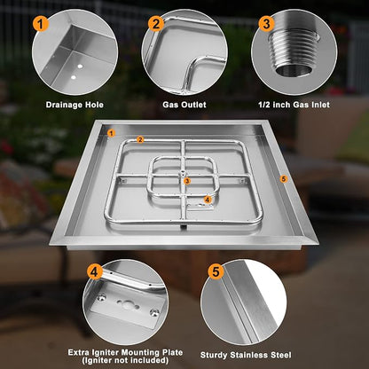 onlyfire Stainless Steel Square Fire Pit Flat Pan with Burner Ring Assembly, 24-Inch