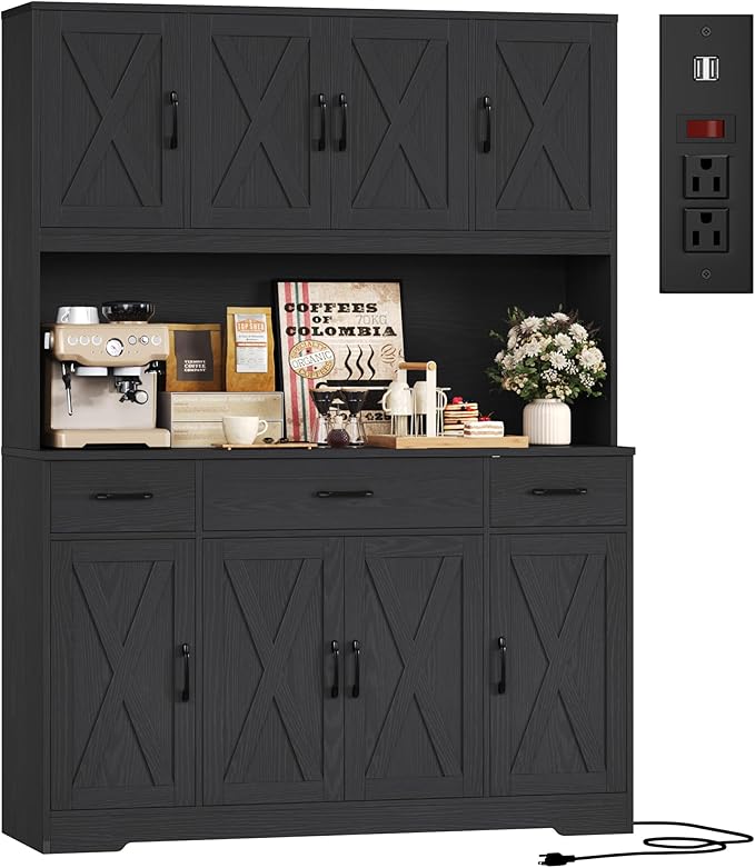 HOSTACK 71" Tall Pantry Cabinet with Charging Station, 55" Wide Kitchen Pantry Storage Cabinet with Countertop, Large Kitchen Hutch with Storage Drawers for Dining Room, Black Wood Grain