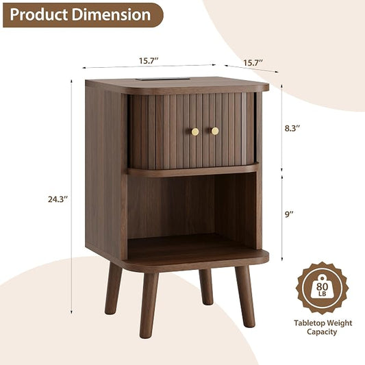 Decofy Fluted Nightstand Set of 2, Mid Century Modern Bedside Table with Charging Station, Walnut End Tables with Sliding Tambour Doors, Storage Cabinet and Open Shelf for Bedroom, Walnut