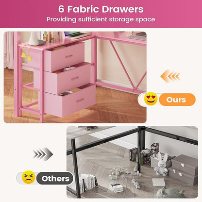 Itaar Stairway Twin Size Loft Bed with L Shaped Desk and Wardrobe, Metal Loft Bed Frame with Stairs, 3 Fabric Drawers, LED Lights & Charging Sation, No Noise & No Box Spring Needed, Pink