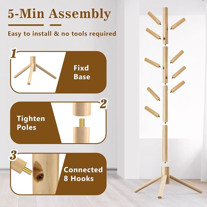 Wooden Coat Rack Freestanding with 8 Hooks,Easy Assembly New Zealand Pine Tree Coat Racks, 3 Adjustable Sizes for Clothes, Hats, Bags, for Entryway, Hallway, Bedroom, Office (Natural, 2PCS)