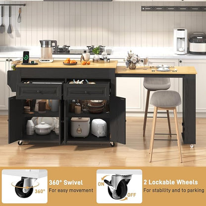 80"-48" Extendable Kitchen Island with Extended Dining Table and Power Outlet,Large Mobile Kitchen Storage Islands with 2 Storage Drawers,Rolling Islands Cart with 3 Extra Rows Open Shelves(Black)