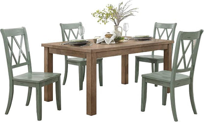 Lexicon Janina 5-Piece Dining Table Set - 66" Wood Kitchen & Dining Room Table with 4 Double X-Back Chairs, Rustic Farmhouse Rectangular Dining Set for Breakfast Nook & Family Meals, Teal