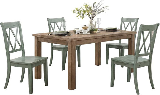 Lexicon Janina 5-Piece Dining Table Set - 66" Wood Kitchen & Dining Room Table with 4 Double X-Back Chairs, Rustic Farmhouse Rectangular Dining Set for Breakfast Nook & Family Meals, Teal