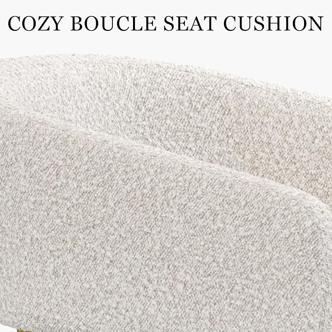 Off White and Gold Dining Chairs with Arms, Barrel Dining Room Chairs with White Boucle & U-Shaped Brushed Gold Metal Legs for Kitchen (Set of 8)