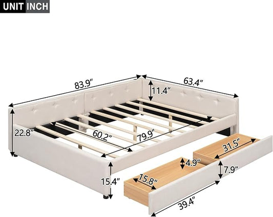 Ball & Cast Queen Size Daybed with Storage Drawers,Linen Upholstered Bed Frame with Button Tufted Backrest and Armrests,L Shaped Day Bed with USB Port,Solid Wood Slats Support,Beige