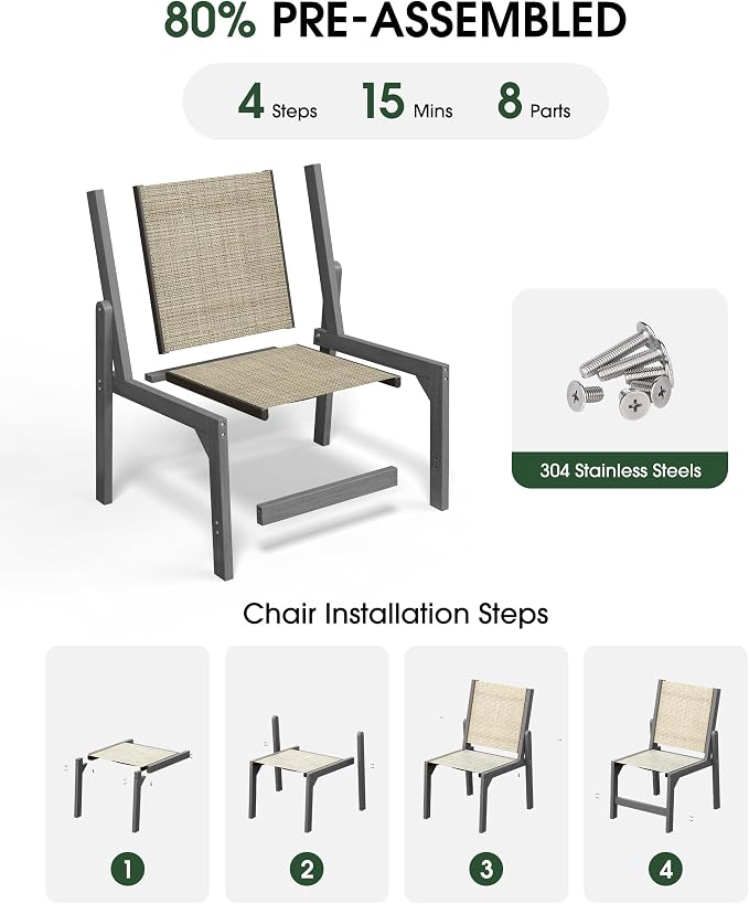Patio Stackable Chair, HDPE Armless Outdoor Dining Chairs with Wide Seat, All-Weather Textilene Oversized Porch Chair for Garden, Poolside, Backyard, Deck | Grey