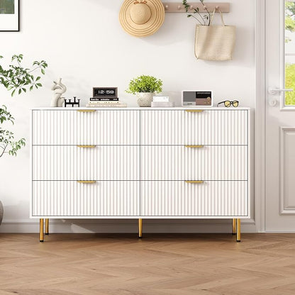 White Fluted 6 Drawers Dresser for Bedroom with Gold Handle, 56" Wide Modern Wooden Chest of Drawers, Bedrooms Tv Stand Storage Organizer Dressers for Living Room Closet