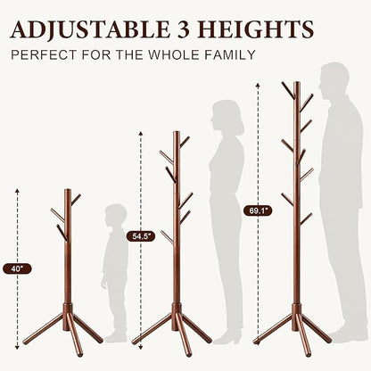 Wooden Coat Rack Freestanding with 8 Hooks & 3 Adjustable Sizes for Clothes, Space-Saving Design for Bedroom Office Entrance Holds Hats Coats Scarves Bags