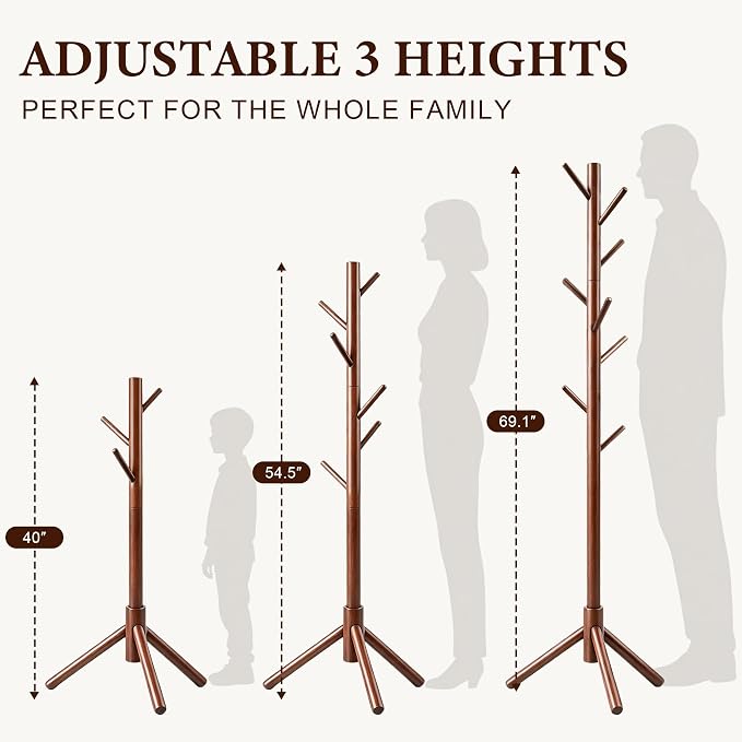 2 PC Wooden Coat Rack Freestanding with 8 Hooks & 3 Adjustable Sizes for Clothes, Space-Saving Design for Bedroom Office Entrance Holds Hats Coats Scarves Bags