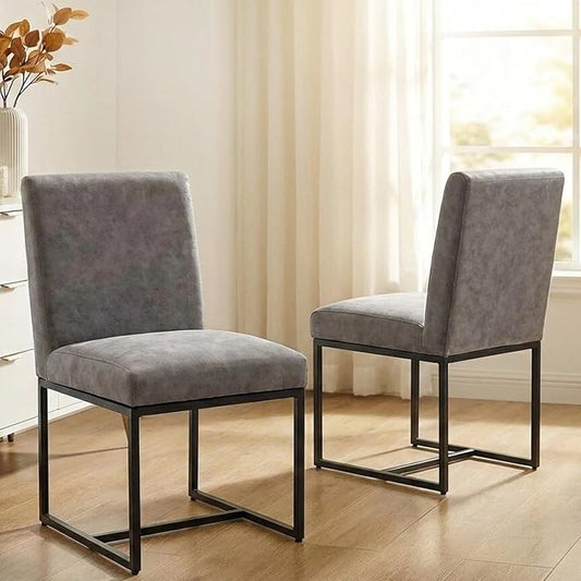 VESCASA Faux Leather Upholstered Dining Chairs with Black Metal Frame, Mid Century Modern Padded Kitchen Chair with Adjustable Foot Pads for Restaurant, Dining Room, Set of 2, Light Grey