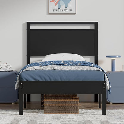 Z-hom Twin Metal Bed Frame with Wooden Headboard and Footboard, Heavy Duty Platform Frame with Metal Slats, No Box Spring Needed, Quiet and Non-Slip Design, Bed Storage for Small Bedroom,Black